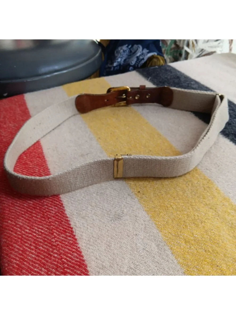 True Vintage Medium to Large Brown Leather Canvas Belt Brass Buckle Adjustable